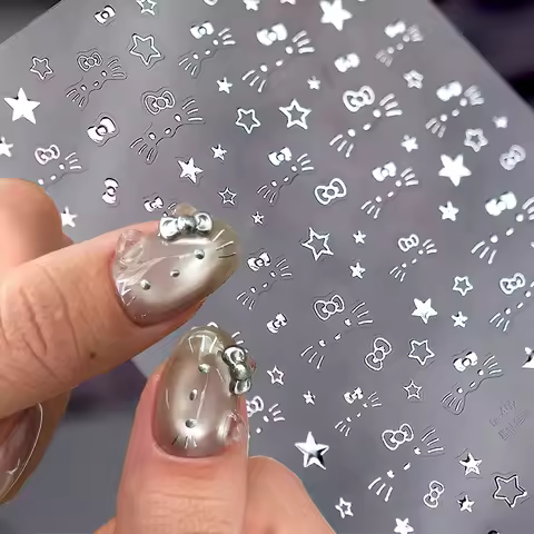 1sheet Metallic Silver Hello Kitty Face Beard Nail Stickers Shiny Silver Hollow Star Bow Nail Decals