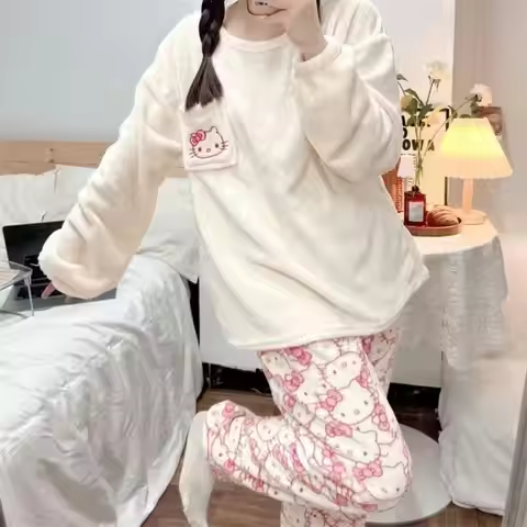 Pajamas New Anime Sanrio Hello Kitty Women's Coral Velvet Thickened Warm Home Clothes Sweet Fashion