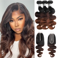 T1B/2/30 Ombre Chestnut Brown 3 Bundles with 2x6 HD Lace Closure, 10A Body Wave Human Hair Bundles w