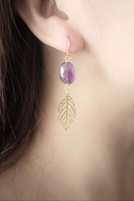 紫水晶耳環 天然石手工耳環 水晶鍍金耳環 輕寶石耳環 葉子耳環