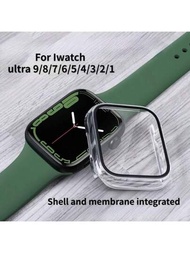 1入組2合1簡約透明PC硬質保護殼和鋼化玻璃膜，適用於Apple Watch系列Ultra/SE/9/8/7/6/5/4/3/2/1，防刮花、防水防震保護殼，適用於女士和男士智能手錶配件