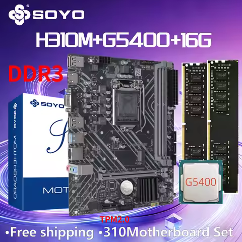 SOYO H310M DDR3 Motherboard Kit Xeon G5400 CPU 16G=8G*2 RAM Intel LGA1151 TPM2.0 Computer Combo PCIE