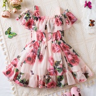 New Summer Little Girls Dress For 1-5Yrs Vintage Print Smocked Dresses Children Floral Party Prom Gown Tutu Flower Kids Costume