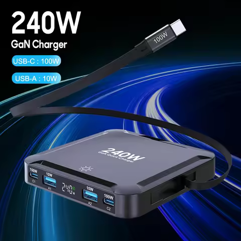 240W 5 in 1 Fast USB C Charger USB Type C PD100W GaN Charger with 100W Retractable Cable For MacBook