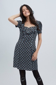 ESP เดรสลายพิมพ์จุดแต่งแขนพอง ผู้หญิง สีน้ำเงินเข้ม | Puff Sleeve Dot Print Dress | 5861