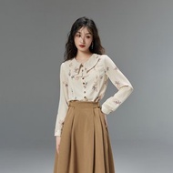 秋上新 法式少女優雅復古端莊水果碎花長袖襯衣A字半身裙洋裝襯衫