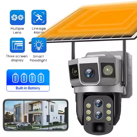 3 Lens 4G Camera 12MP 4G SIM Card Solar CCTV Camera PTZ 10X Zoom Outdoor Wireless 3 Screen Battery S