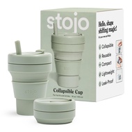 STOJO Collapsible Travel Cup With Straw - Sage Green, 16oz / 470ml - Reusable To-Go Pocket Size Sili