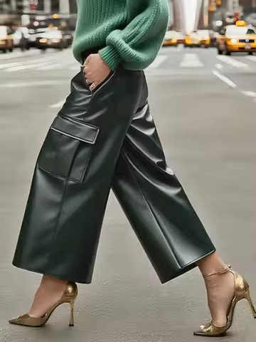 UOOZEE Women's PU Leather Pockets High Waisted Straight Leg Pants Fashion High Street Solid Color Ca