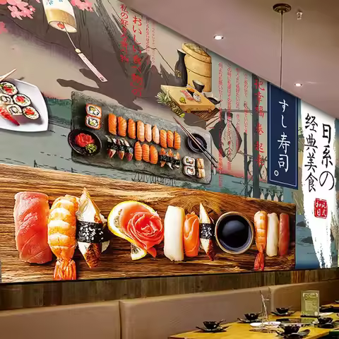 Custom Self-Adhesive Waterproof Mural Wallpaper 3D Japanese Style Sushi Restaurant Background Wall D