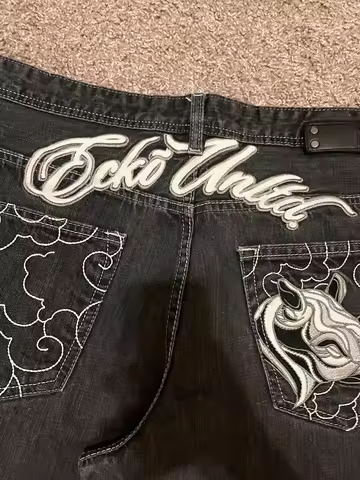 Vintage Ecko Unltd Black Denim Jeans Men's Rhinoceros Embroidery Straight Leg Hip Hop Streetwear Cas