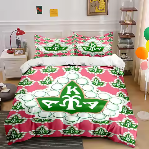 3Pcs AKA Ivy Pearl Diamond Bedding Set,Pink Green Sorority Logo Print Duvet Cover 2 Pillowcases Sing
