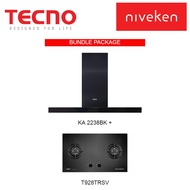 (Hood + Hob) Tecno KA 2238BK Matte Black Chimney Cooker Hood + TECNO T 928TRSV (90cm) 2 Burner Tempered Glass Cooker Hob