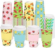 Whaline 60 Sets Fruit Theme Coffee Cups with Lids and Sleeves 16oz Strawberry Watermelon Pineapple P