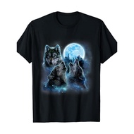 Men's Three Wolves Howling at Icy Full Moon T-Shirt - Wolf Pack Graphic Tee with Glacier-like Effect