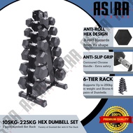 105KG - 225KG Premium 6 Pairs Hexagon Dumbell Set with 6-Tier Vertical A Frame Dumbbell Storage Rack