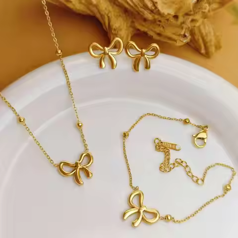 Dainty Bowknot Jewelry Set for Women Ball Chain Necklace Bracelet Mini Stud Earrings Minimalist Swee