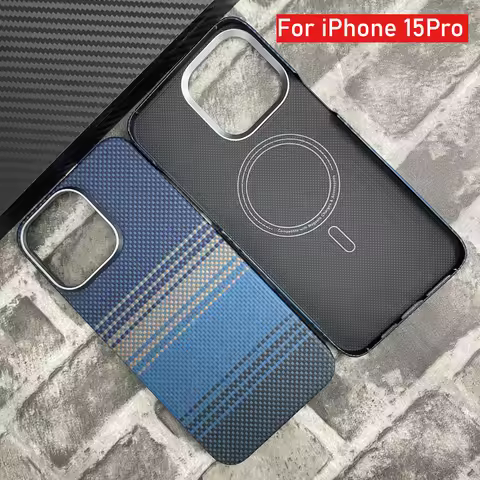 Aramid Fiber Protective Case for iPhone 15 Pro Mobile Phone Magnetic Carbon Fiber Hard Cover Busines