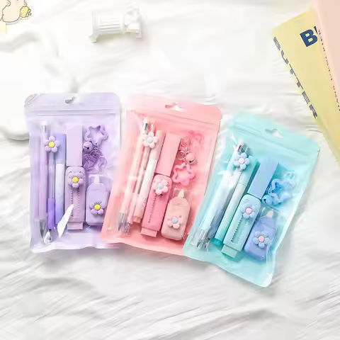 7Pcs Kawaii Flower Stationery Set, Cute Correction Tape, Eraser & Gel Pen Kit for Back to School Gif