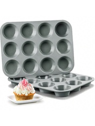 12入組蛋糕模具矽膠灰色diy松餅杯形且不黏鍋,方便、可重複使用,採摺疊設計方便收納