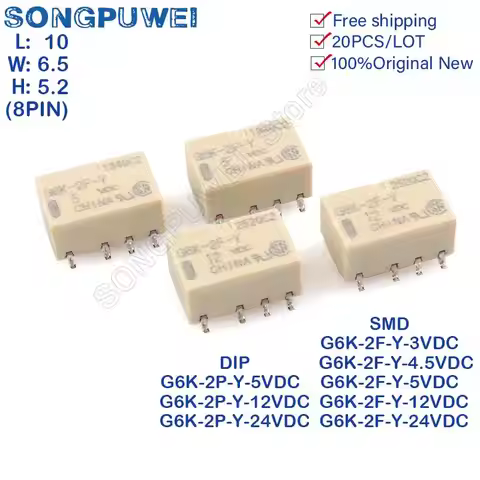 20Pcs/Lot SMD Signal Relays G6K-2F-Y DC 5V 12V 24V DPDT G6K-2F-Y-12VDC G6K-2F-Y-24VDC G6K-2F-Y-5VDC 