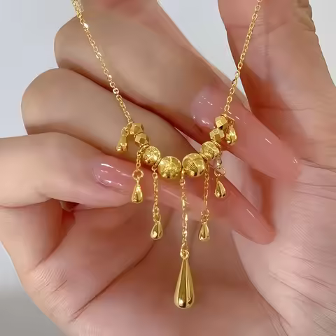 Luxury 24K 9999 Pure Gold real gold Fashion Cat's Eye Water Drops Tassel Women's Clavicle Chain