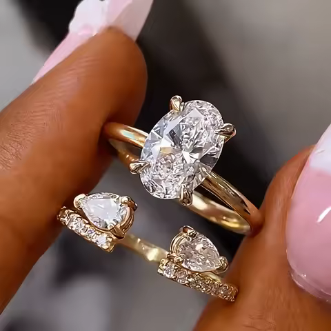 Certified 4ct/0.5ct Oval Cut Moissanite Diamond Engagement Ring Set for Women 925 Sterling Silver Op