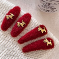 Atmospheric New Year red plush pony hair clip for women, sweet for fringe hair BB Side fringe clip