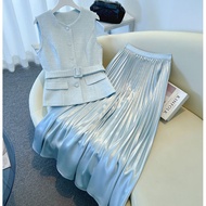 Mùa hè phụ nữ bộ đồ không tay Vest Chân Váy Xếp Li Dài thời trang cao cấp hai bộ chi tiết