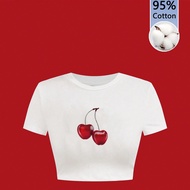 เสื้อยืดคอกลมฟิตลาย ผลเชอร์รี่พิมพ์ วินเทจ 95% คอตตอน ขาดๆ ชิ้นเดียว แบบเรียบง่าย