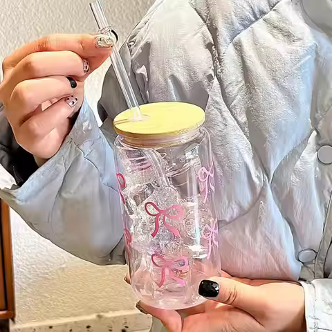 16oz Transparent Glass Tumbler Pink Bow Flower Sticker Drink Juice Cup Suitable For Hot And Cold Dri