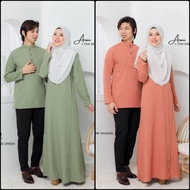BAJU SEDONDON LELAKI PEREMPUAN SET COUPLE RAYA / JUBAH KURTA SEDONDON AIRAA AIRIEL CEKAK MUSANG SAGE
