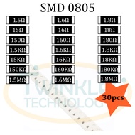 Resistor SMD 0805 1.5 ohm, 1.6 ohm, 1.8 ohm,  15 ohm, 16 ohm, 18 ohm, 150 ohm, 150K ohm, 160K ohm, 180K ohm 5% 30 pcs