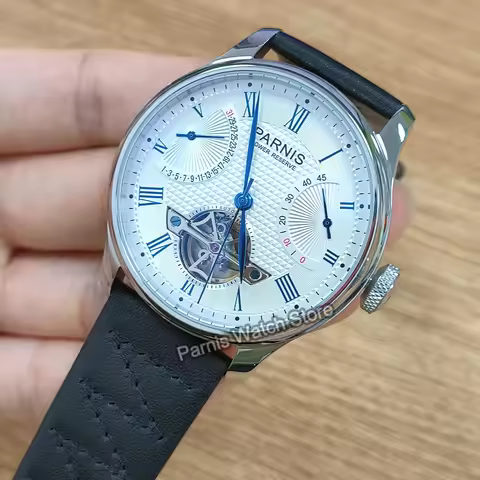 Parnis 43mm Automatic Power Reserve Men Boy Watch Flywheel Roman Numerals Dial Black Genuine Strap