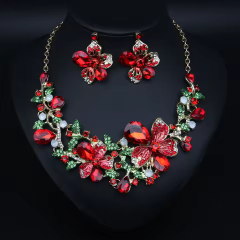 Flower necklace, earrings set - Crystal gemstone jewelry - Crystal style. Wedding accessories. Wife'