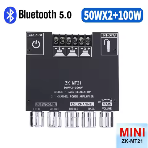 ZK-MT21 2.1 Channel 2*50W+100W Digital Power Amplifier Board Audio Stereo BT5.0 Bass AMP AUX 12/24V 