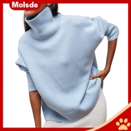 เสื้อสเวตเตอร์ถักเนื้อนุ่มเสื้อถักสวมศีรษะสีทึบเสื้อ Sweater Kerah Tinggi แสนสบายสำหรับผู้หญิงเสื้อถ