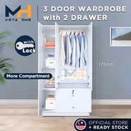MetaHome 3 Door Wardrobe with Hanging Rod 2 Drawers Almari Baju Pakaian Pintu Laci Bedroom Wood Furniture