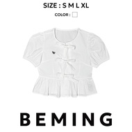 Bemingtop641(S-XL) - Lailabeel Cotton Top เสื้อแขนตุ๊กตา ดีเทลผูกโบว์ 3 ชั้น พร้อมเล่นระบายรอบตัว