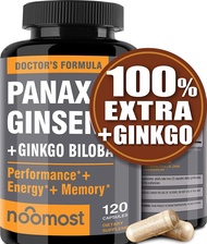 NooMost Authentic Korean Red Panax Ginseng + Ginkgo Biloba, 120 Vegan Capsules, Ginseng Root Extract Powder 1000mg (10% Ginsenosides) + Gingko Biloba 60mg, Energy and Focus Pills for Men and Women