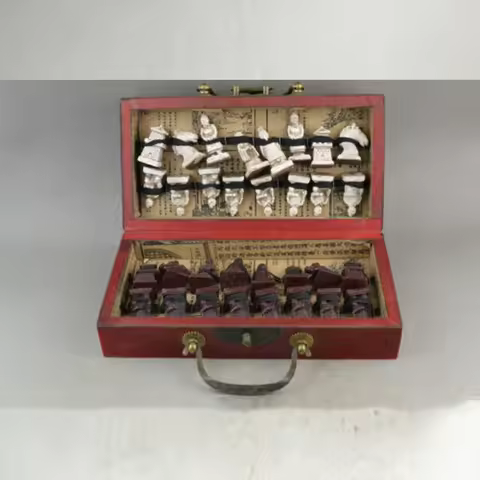 Elaborate Chinese classical decorative wood wonderful Terra-Cotta Warriors statues chess box
