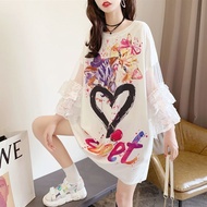 Fashion Lazy Style Trendy Printed Lace Short-Sleeved Mid-Length T-Shirt Women Plus Size 100kg Korean Version Loose Half-Sleeved