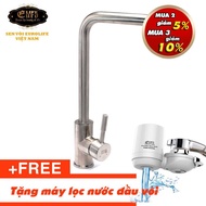 Vòi rửa chén nóng lạnh Inox SUS 304 Eurolife EL-T001 (Trắng bạc) - Tặng Máy lọc trực tiếp đầu vòi E