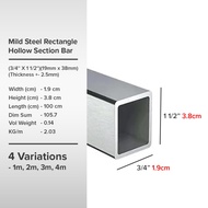(3/4'' X 1 1/2'')(19mm x 38mm)(Thickness +- 2.5mm) Mild Steel Rectangle Hollow Section Bar Besi Hollow Segi Empat Tepat