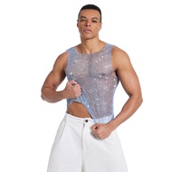 GFS store European and American Fashion Mens Mesh Rhinestone Vest Men’s See-Through Party Glitter To