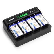 EBL Rechargeable 9V Batteries 4-Pack with M7014LW 9V Battery Charger (Built-in USB Cable) Insert Cha