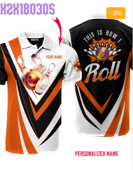 This Is How I Roll Bowling - Gift For Bowling Lovers - Black Orange Bowling Pins Custom Name Polo Shirt NP1028