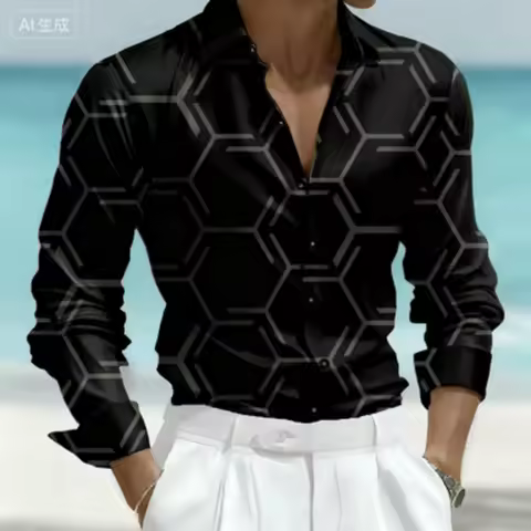Men's Geometric Print Long Sleeve Lapel Shirt Comfortable Fabric for Business Commuting And Daily So