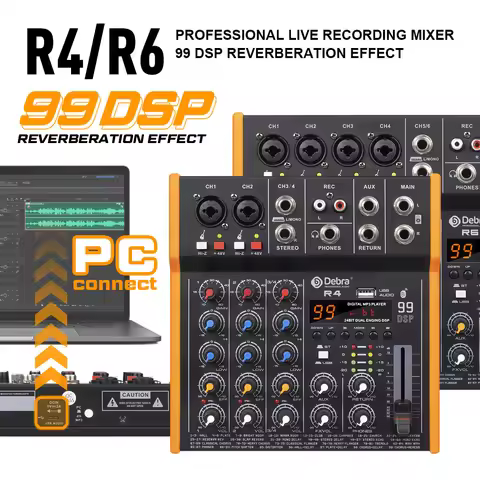 New R6/R4 6-Channel Multi-Audio Mixer, 99DSP Stereo Bluetooth 5.0, 6.5mm Output TypeC Soundcard for 