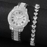 2PCS/Set Ladies Full Diamond Roman Face Quartz Watch Starry Sky Steel Band Watch + Diamond Bracelet 
